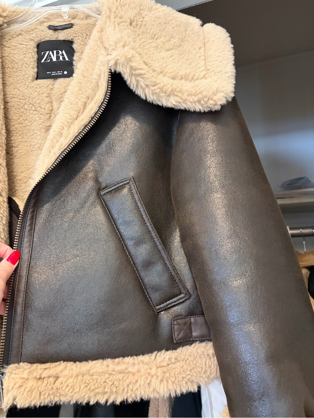 Zara Dark Brown Faux Leather Aviator Jacket with Tan Shearling* worn once - Picture 7 of 7